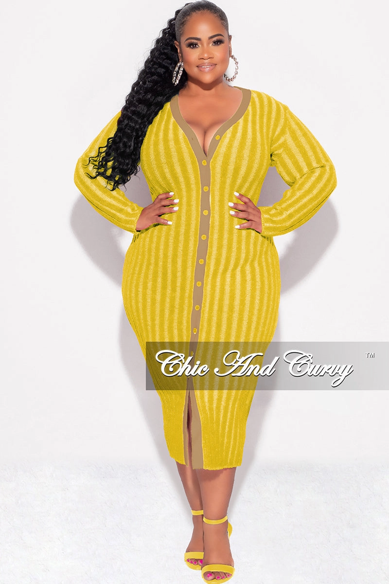 Urban Edge Lightweight Flex Final Sale Plus Size Collar Button Up Midi Dress in Mustard