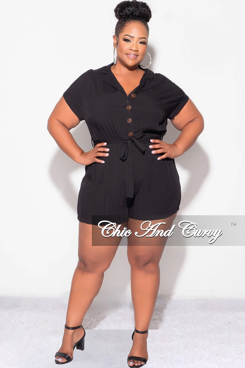Comfort Fit Final Sale Plus Size Collar Button Up Romper in Black