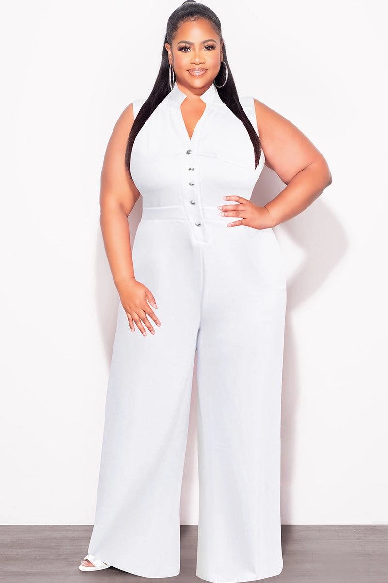 Final Sale Plus Size Collar Button Up Sleeveless Jumpsuit in White Modular Pocket System