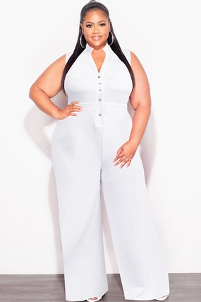 Final Sale Plus Size Collar Button Up Sleeveless Jumpsuit in White Easy Access