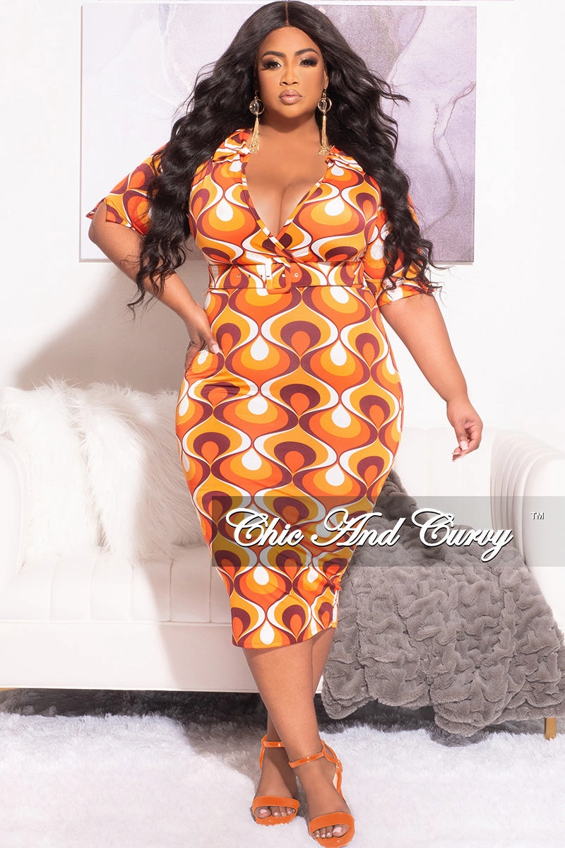 Chilly Day Comfort Final Sale Plus Size Collar Faux Wrap Belted Midi Dress in Orange Design Print