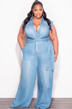 Ultimate Comfort Cozy Waist Final Sale Plus Size Collar Faux Wrap Jumpsuit in Denim