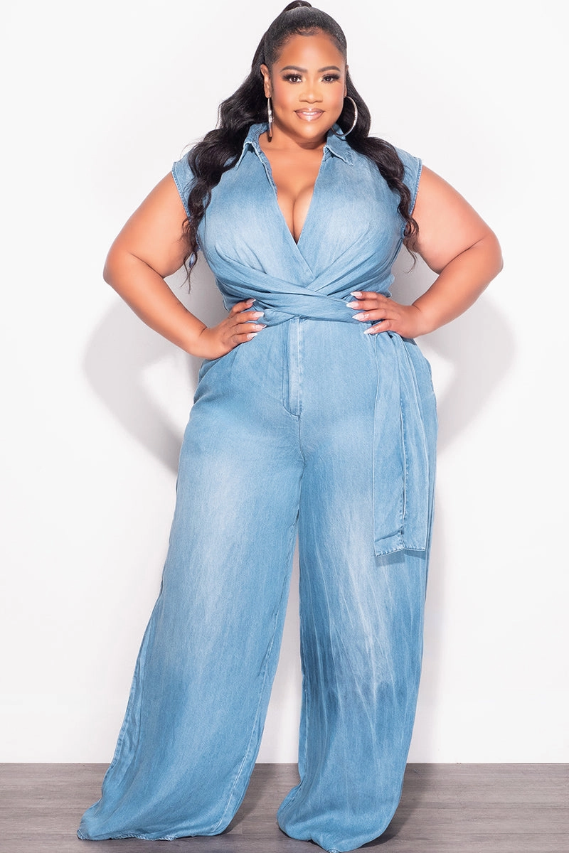 Final Sale Plus Size Collar Faux Wrap Jumpsuit in Denim Abrasion Resistant Panels
