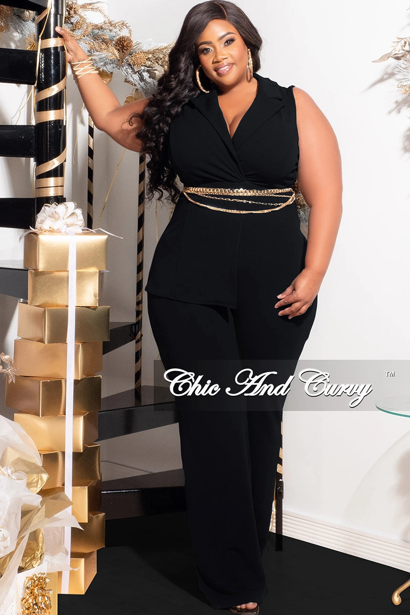 TemperatureRegulating Material Modern Polo Final Sale Plus Size Collar Sleeveless Jumpsuit in Black