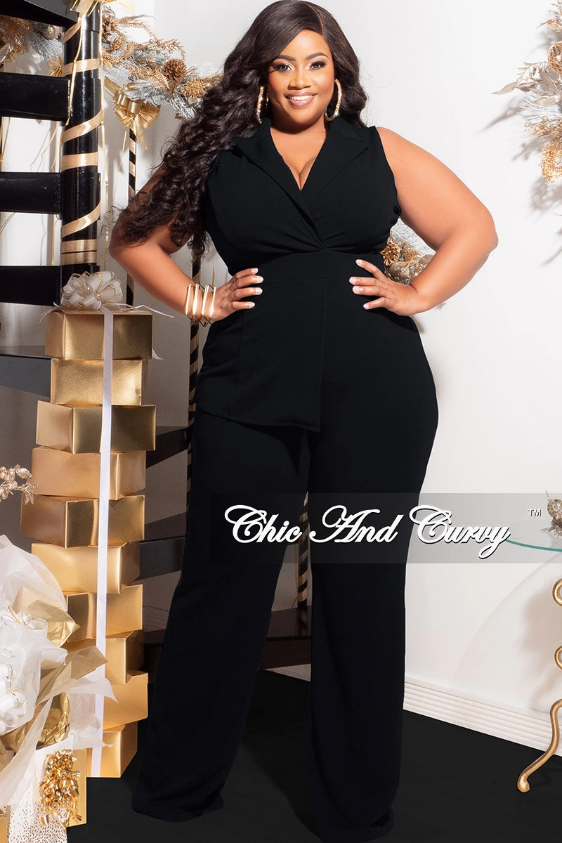 Denim Shirt Professional Look Final Sale Plus Size Collar Sleeveless Jumpsuit in Black