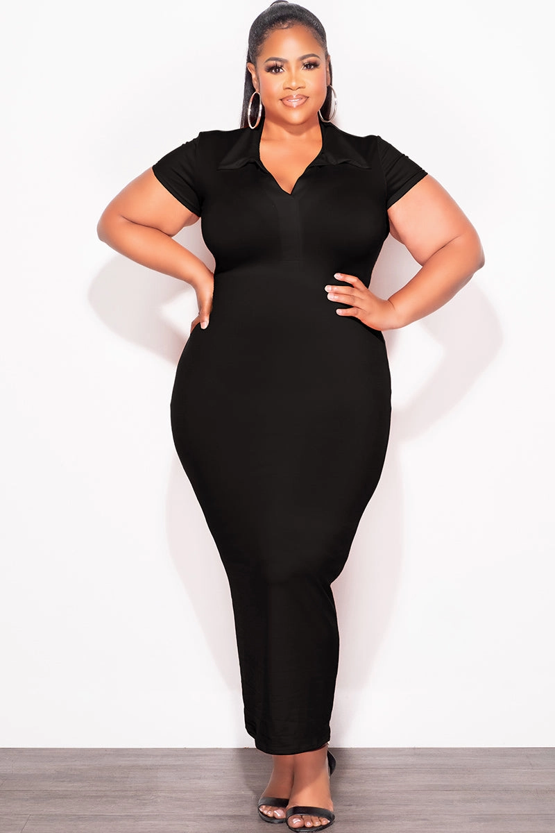 Chafe Free Final Sale Plus Size Collar V Neck Midi Dress in Black