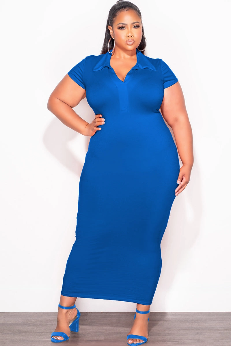 Modular Attachment Soft Stretch Final Sale Plus Size Collar V Neck Midi Dress in Royal Blue
