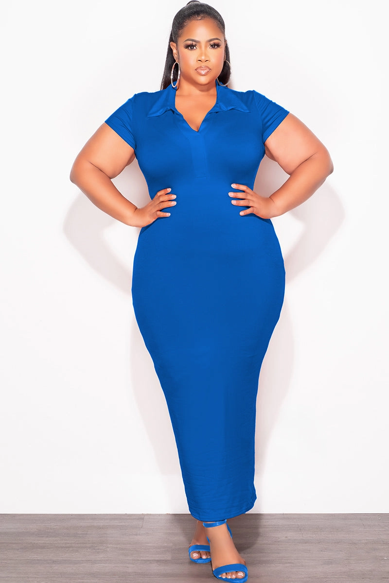 Final Sale Plus Size Collar V Neck Midi Dress in Royal Blue Lightweight Layer