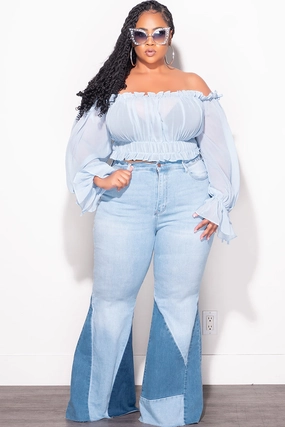 Non Binding Waist Final Sale Plus Size Color Block Flare Jeans in Light Denim