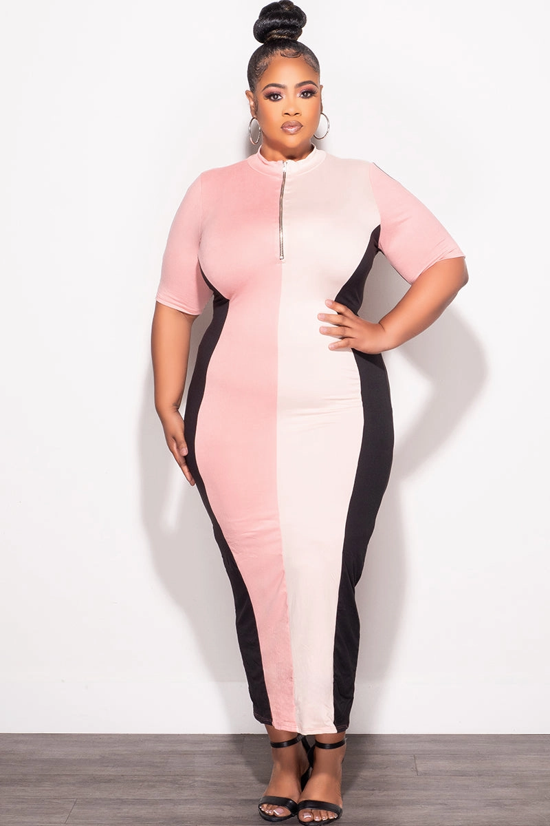 TemperatureRegulation All-Purpose Comfort Final Sale Plus Size Colorblock Bodycon Dress in Pink Black & Cream