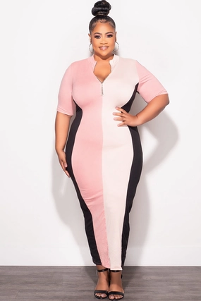 Final Sale Plus Size Colorblock Bodycon Dress in Pink Black & Cream Rubberized Hem