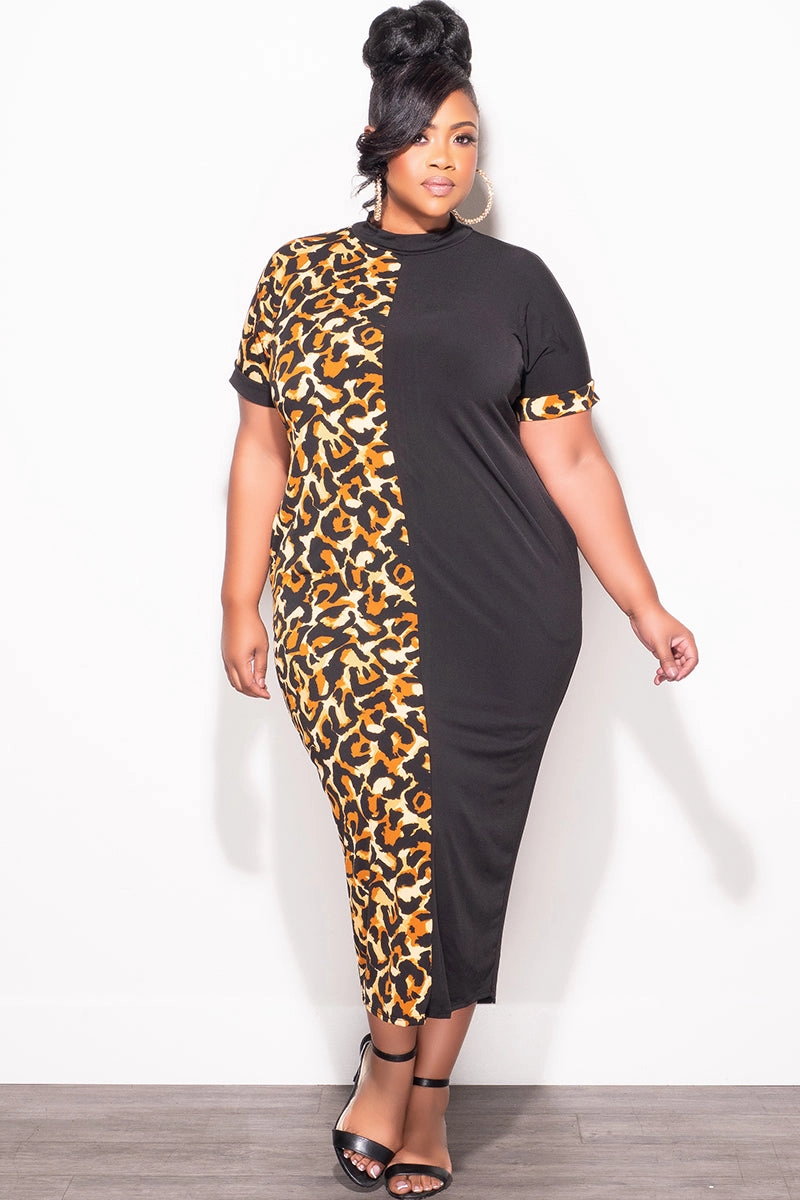 Dark wash Ventilated Panels Final Sale Plus Size Colorblock Dress in Animal Print and Black