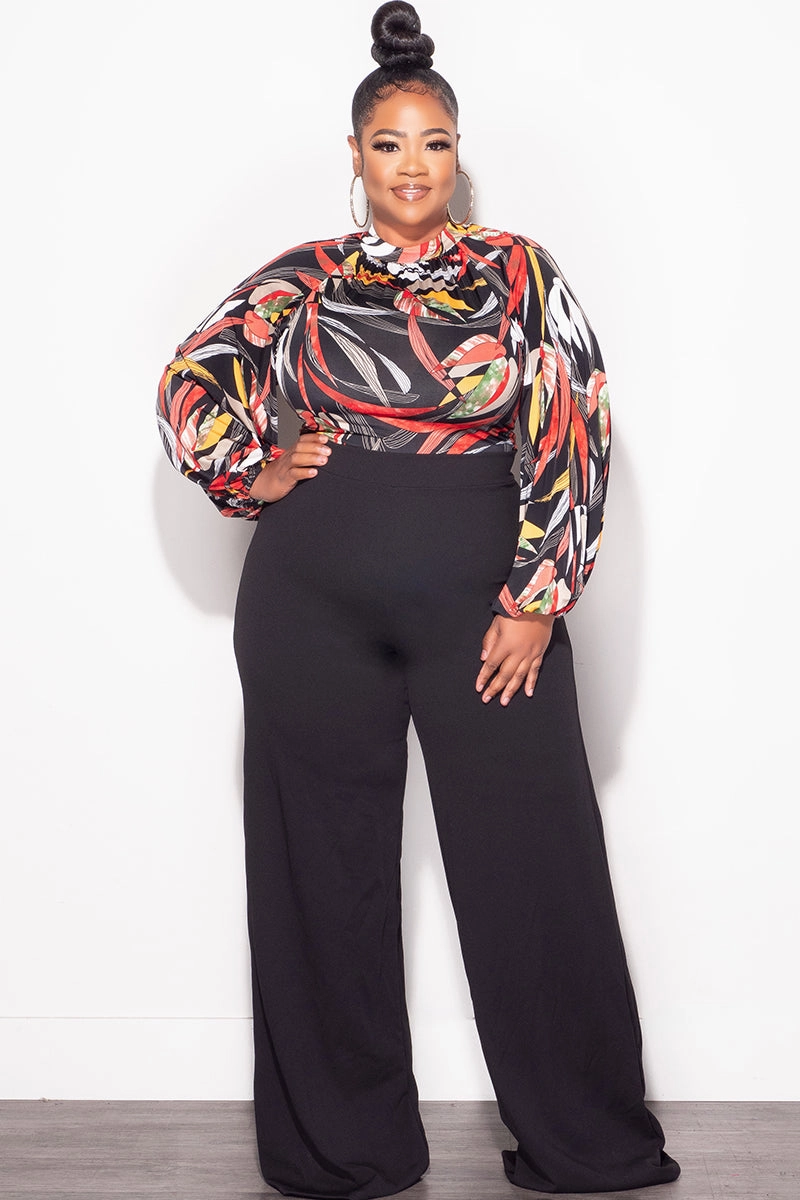 Final Sale Plus Size Colorblock Jumpsuit with Tie in Black Multi Color Leaf Print Stain Resistant Easy Stretch Fit
