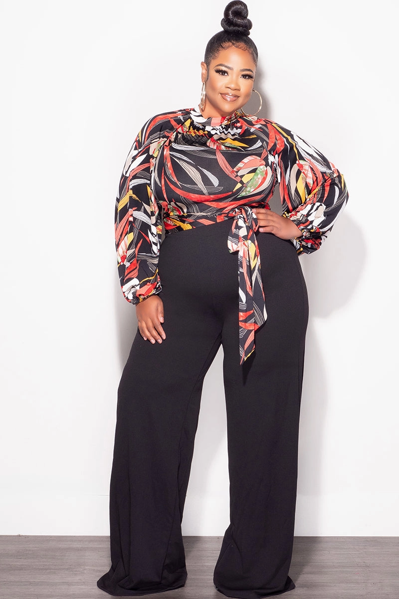 Casual Performance Final Sale Plus Size Colorblock Jumpsuit with Tie in Black Multi Color Leaf Print