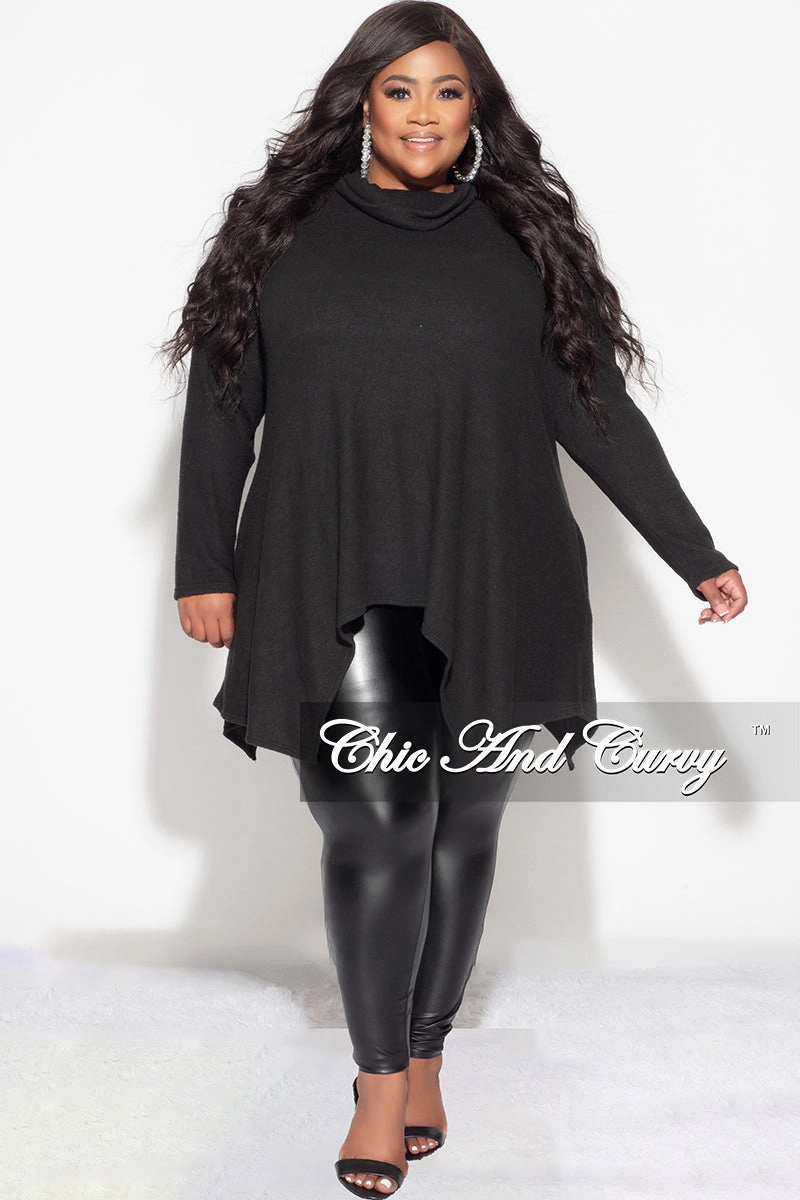 Final Sale Plus Size Cozy Turtleneck High-Low Pocket Tunic Top in Black Snug Waist
