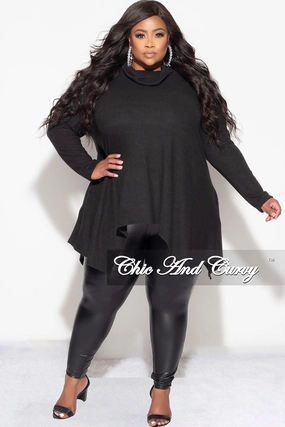 Final Sale Plus Size Cozy Turtleneck High-Low Pocket Tunic Top in Black Casual Stretch Wear Quick Dry Technology