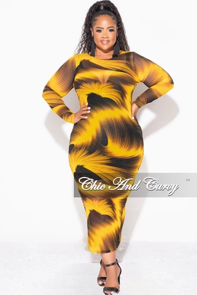 Final Sale Plus Size Crew Neck Long Sleeve Mesh Dress in Black and Yellow Machine washable TearResistantMaterial