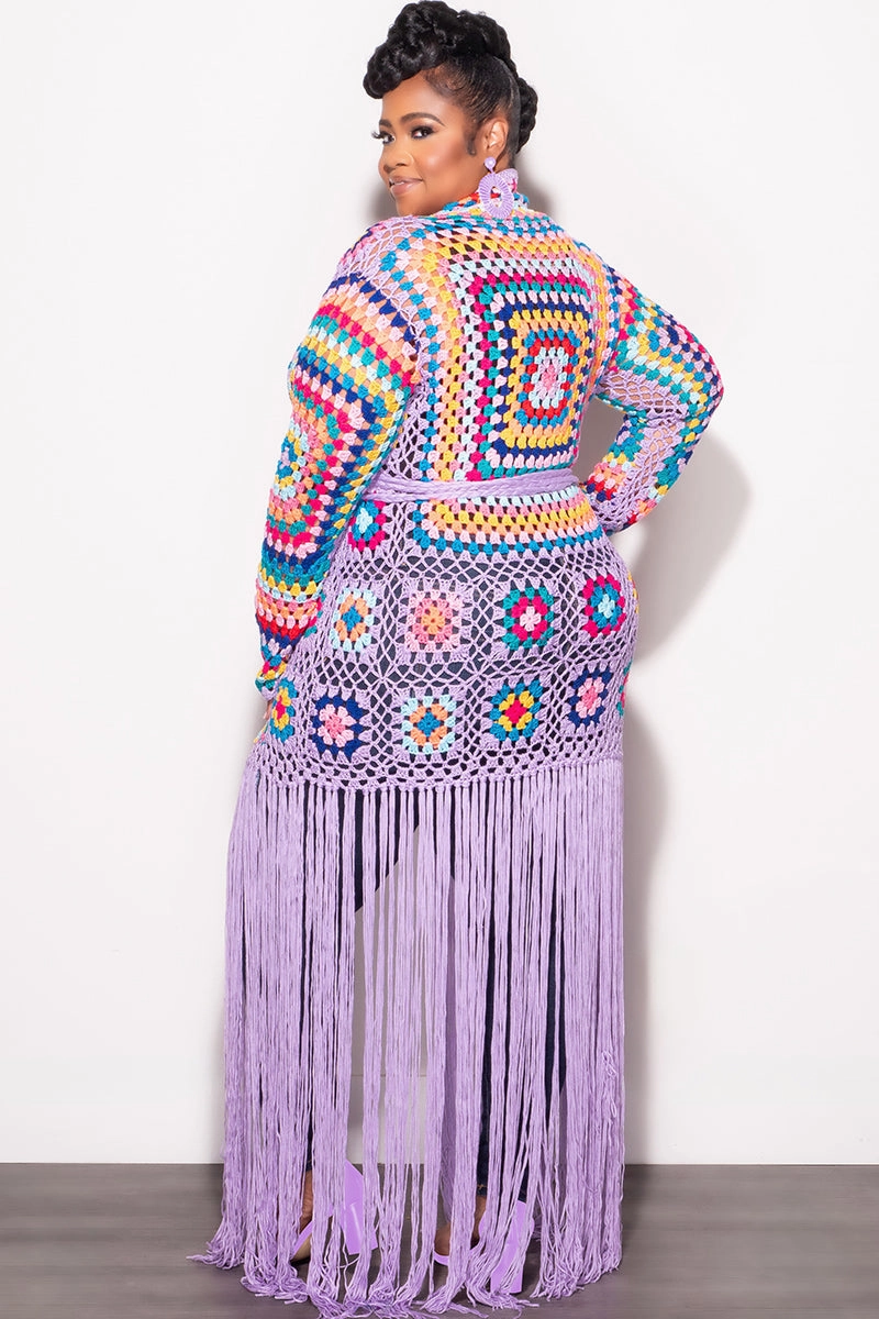 Go Anywhere Final Sale Plus Size Crochet Cardigan with Bottom Fringe in Lavender
