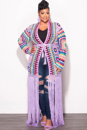 Final Sale Plus Size Crochet Cardigan with Bottom Fringe in Lavender Core Style