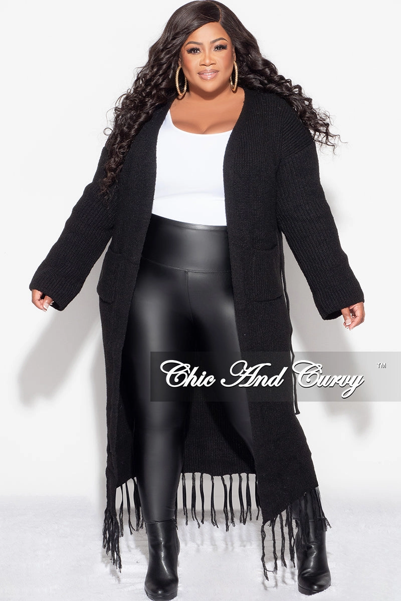 Training Wear Final Sale Plus Size Crochet Cardigan with Tie and Fringe Bottom in Black