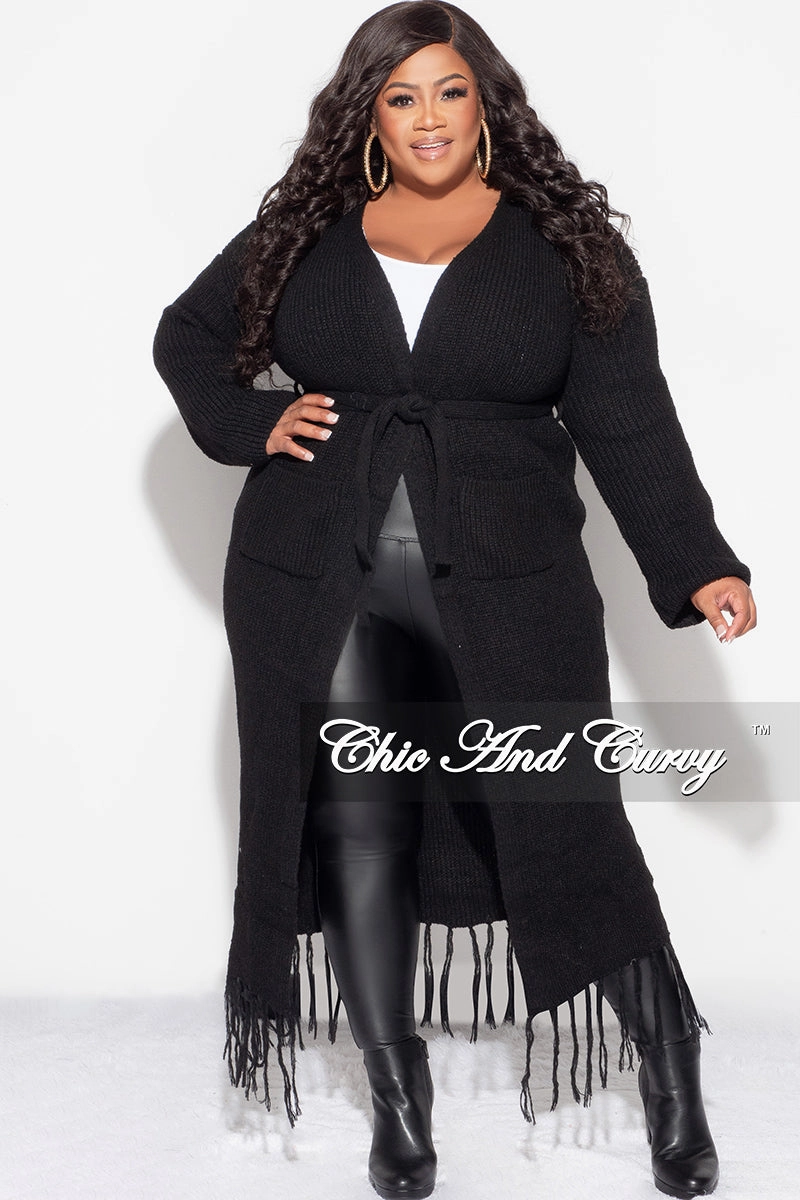 Professional Wear Final Sale Plus Size Crochet Cardigan with Tie and Fringe Bottom in Black