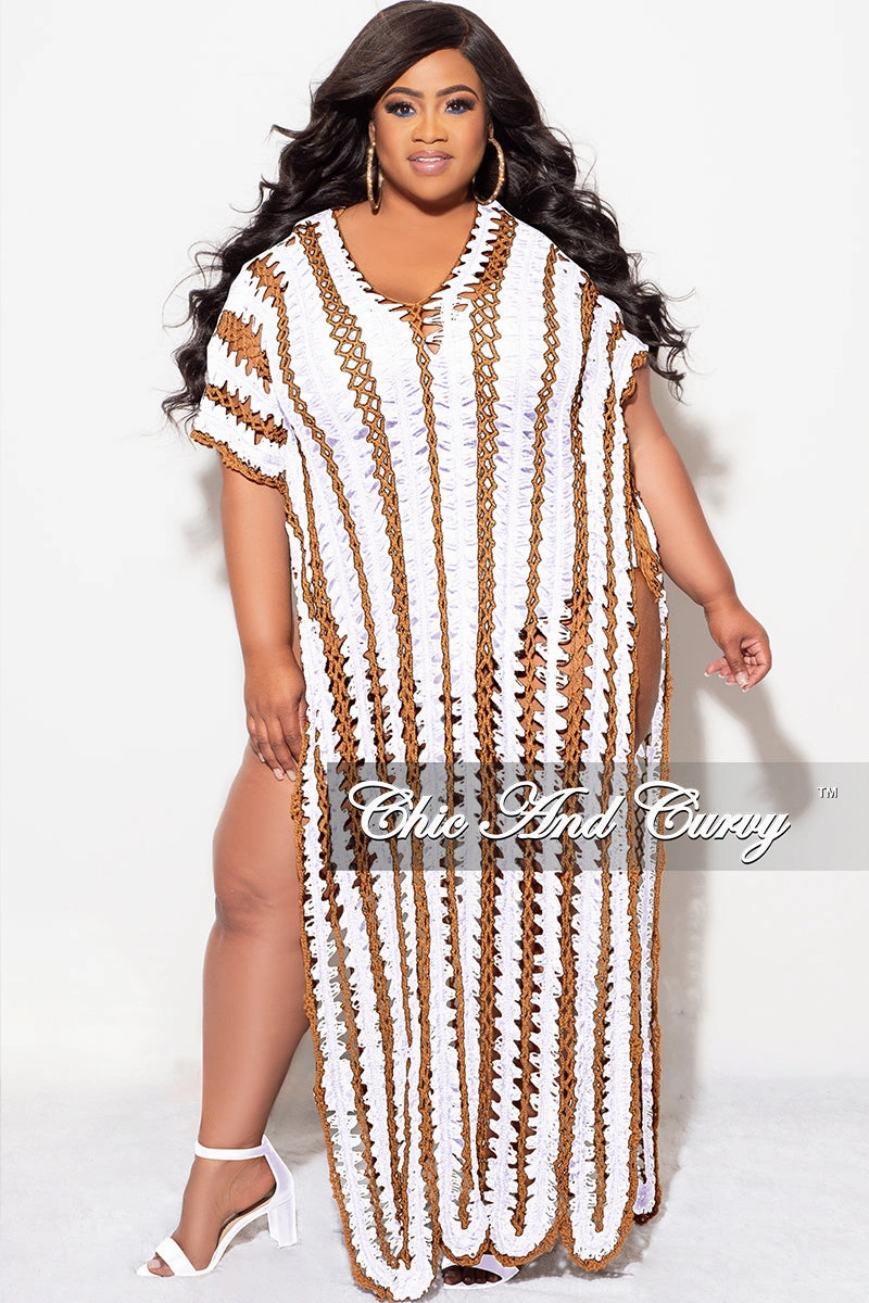 Comfortable fit Breathable Performance Wear Final Sale Plus Size Crochet Cover Up in White & Tan