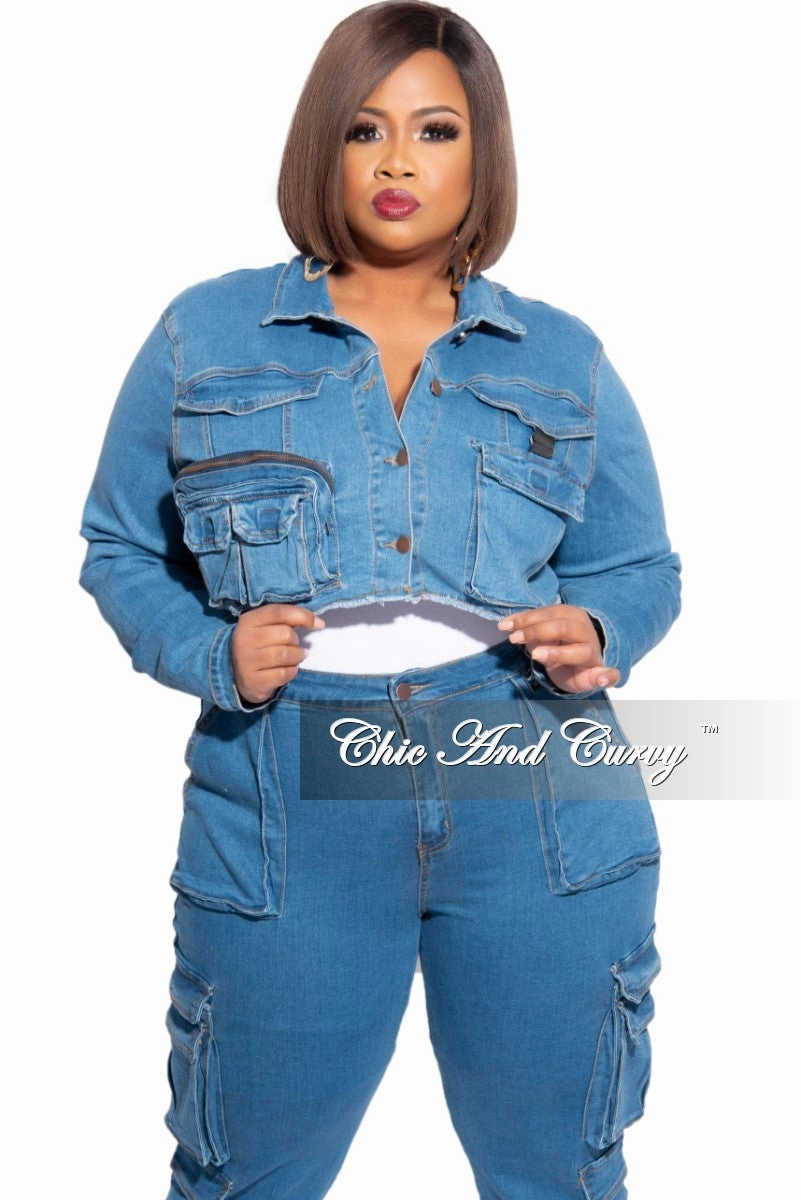 Final Sale Plus Size Crop Cargo Jacket in Denim Seasonal Basic StretchFabric