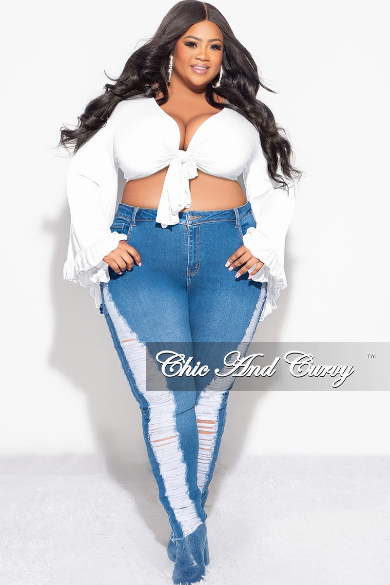 Final Sale Plus Size Crop Tie Top with Bell Sleeves in White Full Flex