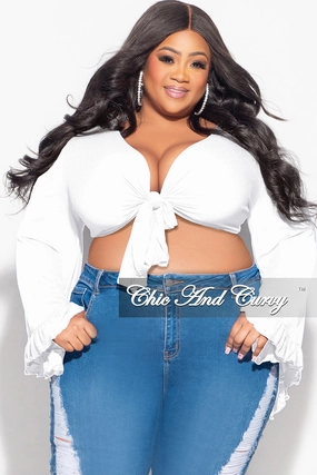 Final Sale Plus Size Crop Tie Top with Bell Sleeves in White Universal Fit System