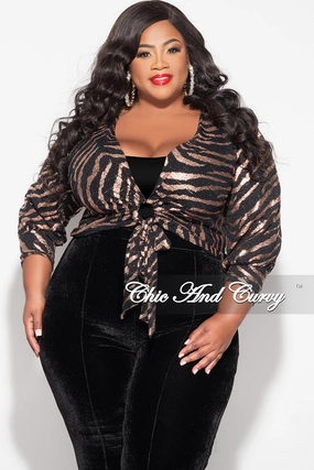 Final Sale Plus Size Crop Top with Cutout  in Black and Bronze Print Metallic Fiber Blend