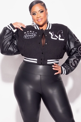 Casual Comfort Final Sale Plus Size Cropped Varsity Jacket with Patches in Black & White