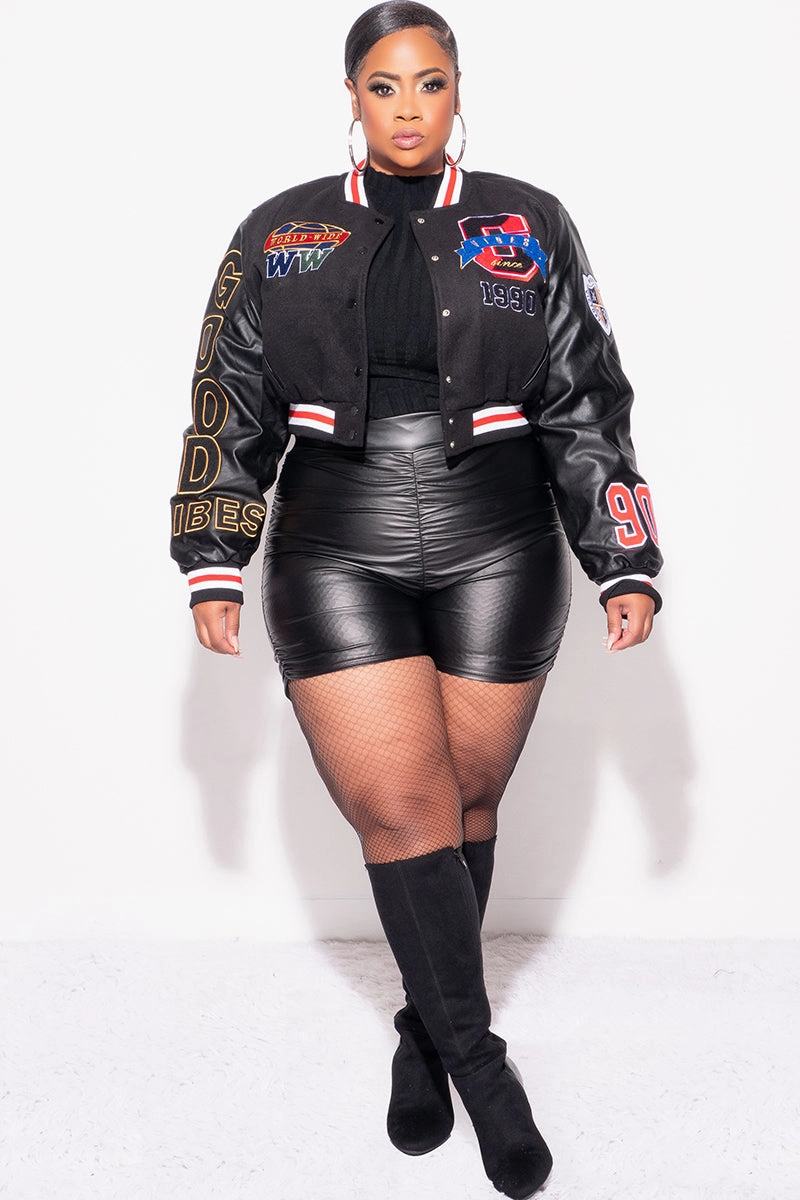 Final Sale Plus Size Cropped Varsity Jacket with Patches in Black, Red, Blue & Yellow Rubberized grip Comfortable Layering