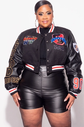 Flatlock Seams clean look Final Sale Plus Size Cropped Varsity Jacket with Patches in Black, Red, Blue & Yellow