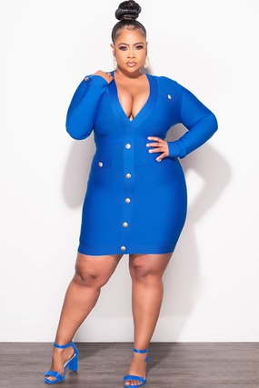 RegularFit Soft Support Final Sale Plus Size Deep Faux Wrap Long Sleeve Bandage BodyCon Dress with Gold Buttons in Royal Blue