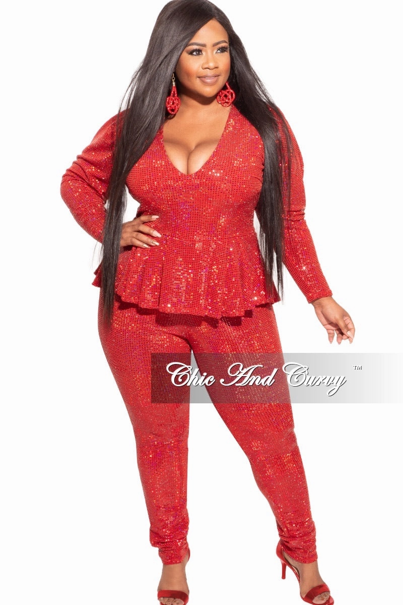 Final Sale Plus Size Deep V Faux Sequin Jumpsuit in Red Light Waist