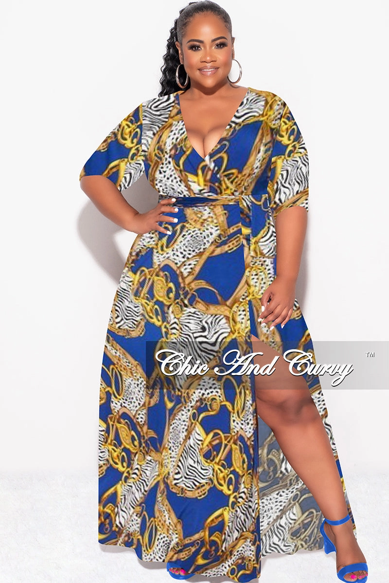 Final Sale Plus Size Deep V Faux Wrap Dress with 3/4 Sleeves in Blue Black Print HypoallergenicMaterial Fashionable Fit