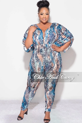 Final Sale Plus Size Deep V Jumpsuit in Multi-Color Snake Print Unrestricted Movement