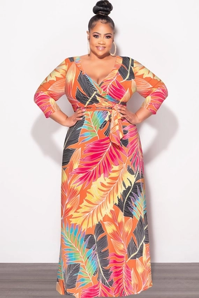 Final Sale Plus Size Deep V-Neck Faux Wrap Dress with 3/4 Sleeves in Orange Multi Leaf Print Sweat Wicking Liner Sport Fit