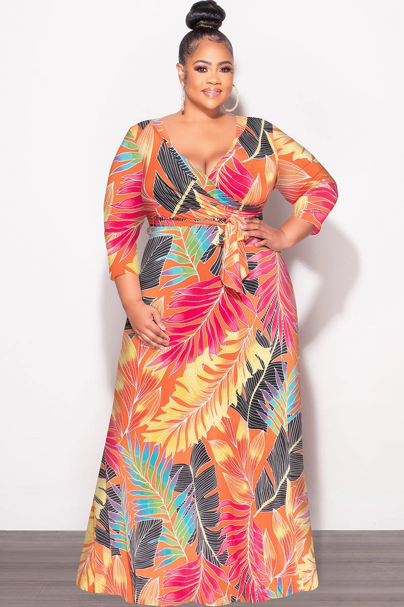 Final Sale Plus Size Deep V-Neck Faux Wrap Dress with 3/4 Sleeves in Orange Multi Leaf Print Double Needle Stitching