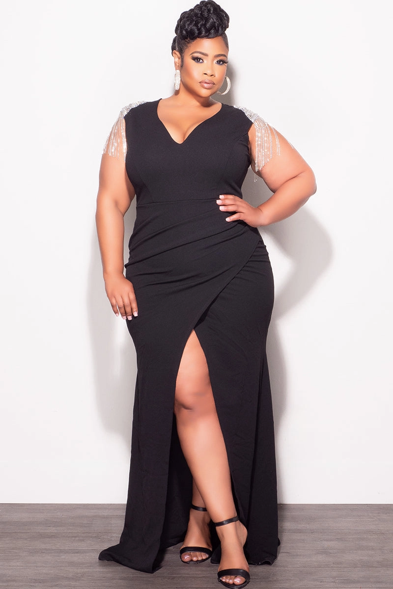 Movement Fit Day Adventure Final Sale Plus Size Deep V Rhinestone Fringe Shoulder With Maxi Dress in Black