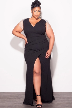 Premium Quality Reinforced Seams Final Sale Plus Size Deep V Rhinestone Fringe Shoulder With Maxi Dress in Black