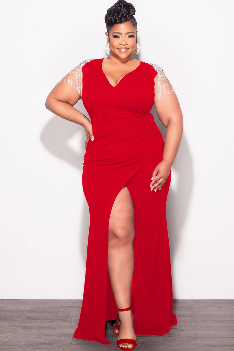 Flattering Design RuggedDurability Final Sale Plus Size Deep V Rhinestone Fringe Shoulder With Maxi Dress in Red