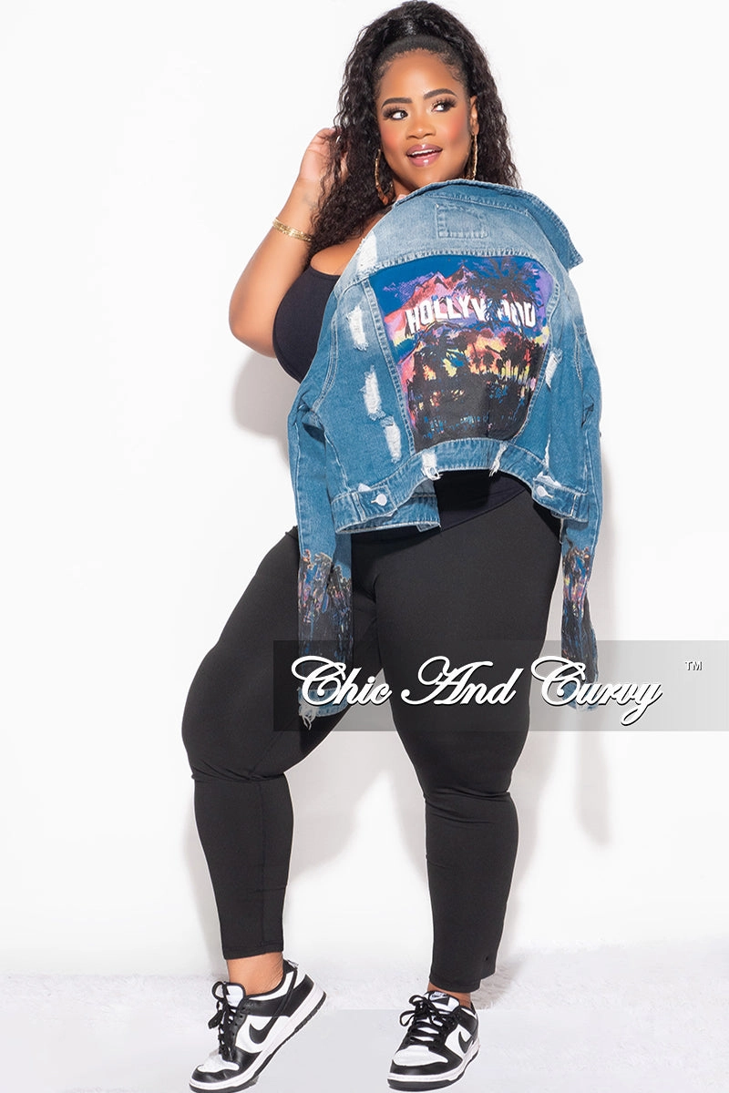 Final Sale Plus Size Denim Jacket with Hollywood Graphic Back Versatile Wearable