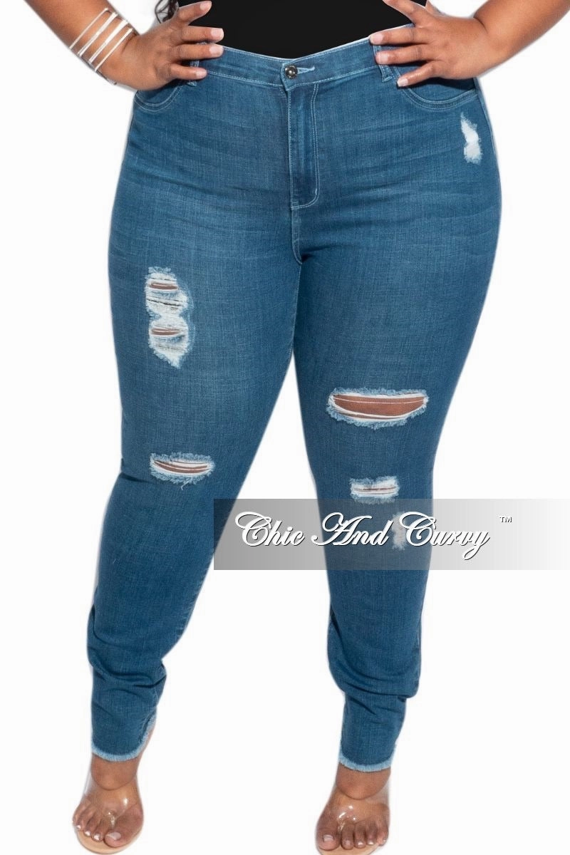 Breathable Mesh Panels Multi Pocket System Final Sale Plus Size Denim Jeans with Light Distressing in Medium Denim Blue