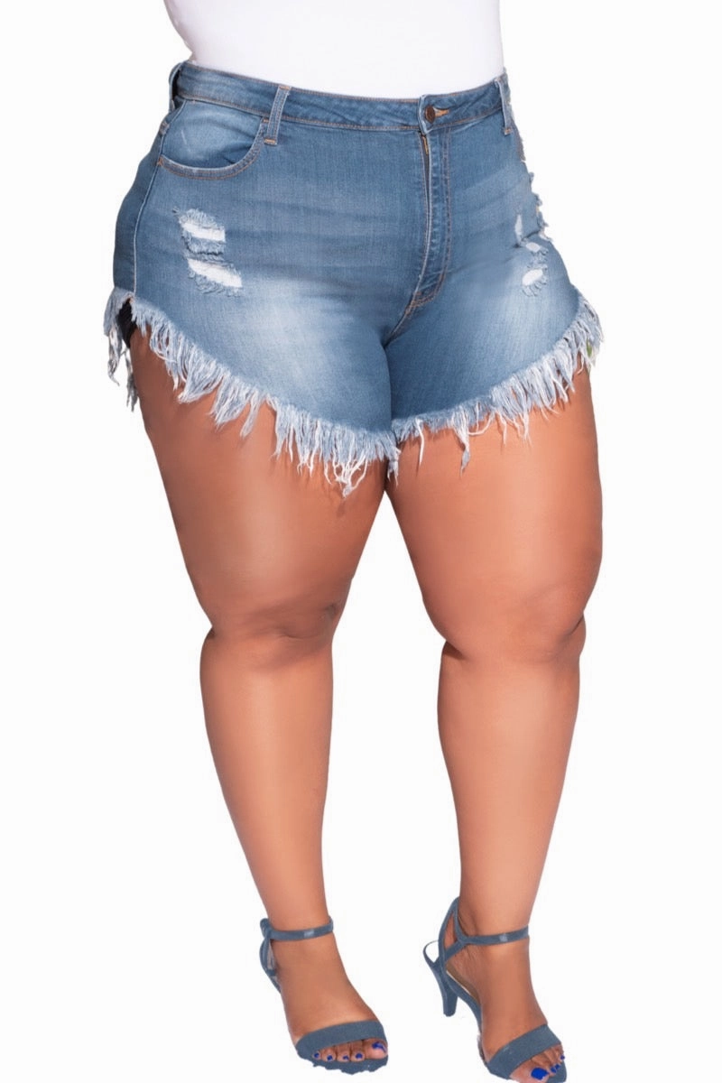 Odor Control Technology Casual Essentials Final Sale Plus Size Distressed Fringe Short in Denim