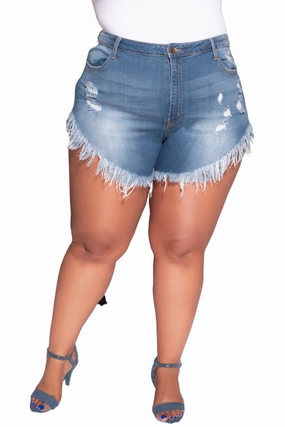 Rayon drape Final Sale Plus Size Distressed Fringe Short in Denim