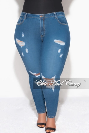 Final Sale Plus Size Distressed Jeans in Blue Denim EcoFriendlyBlend
