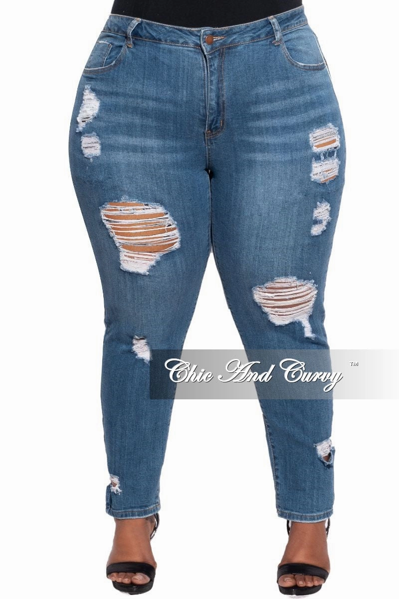Comfy Fit Final Sale Plus Size Distressed Jeans in Medium Denim