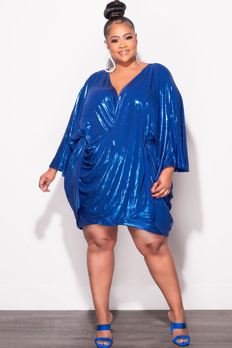 Abrasion Resistant Panels Light and Cozy Final Sale Plus Size Draping Mini Dress in Metallic Royal Blue