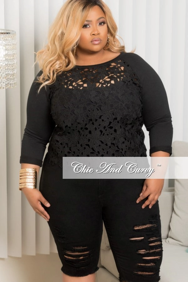 Final Sale Plus Size Embroidered Lace Front Top in Black Non Binding Waist